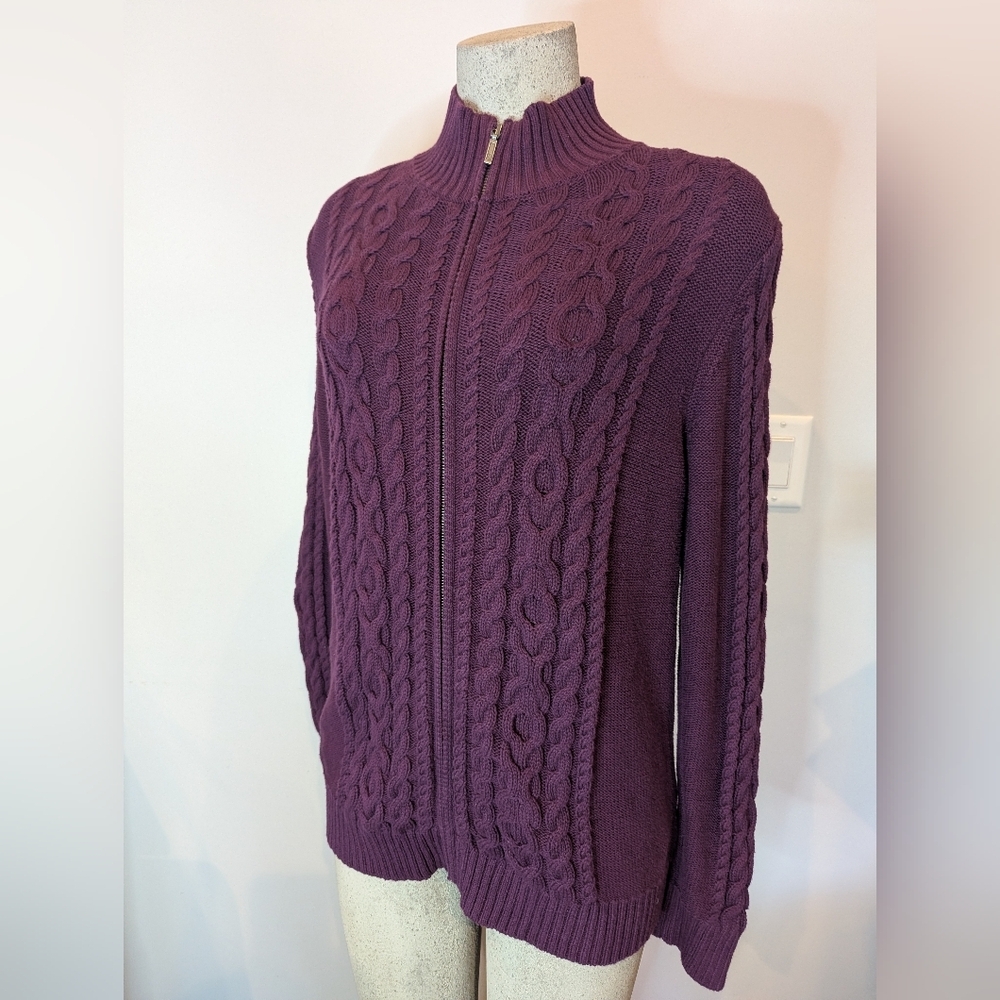 L.L. Bean Purple Sweater 100 Percent cotton cable Knit Zip-Up Sweater Size L